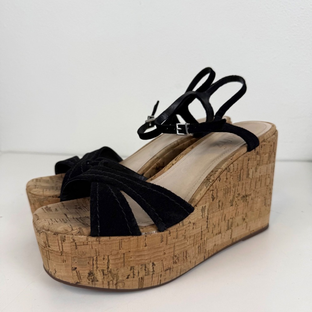 Schutz Black Suede Cork Platform Wedge Sandals Ankle Strap Womens Size 8.5